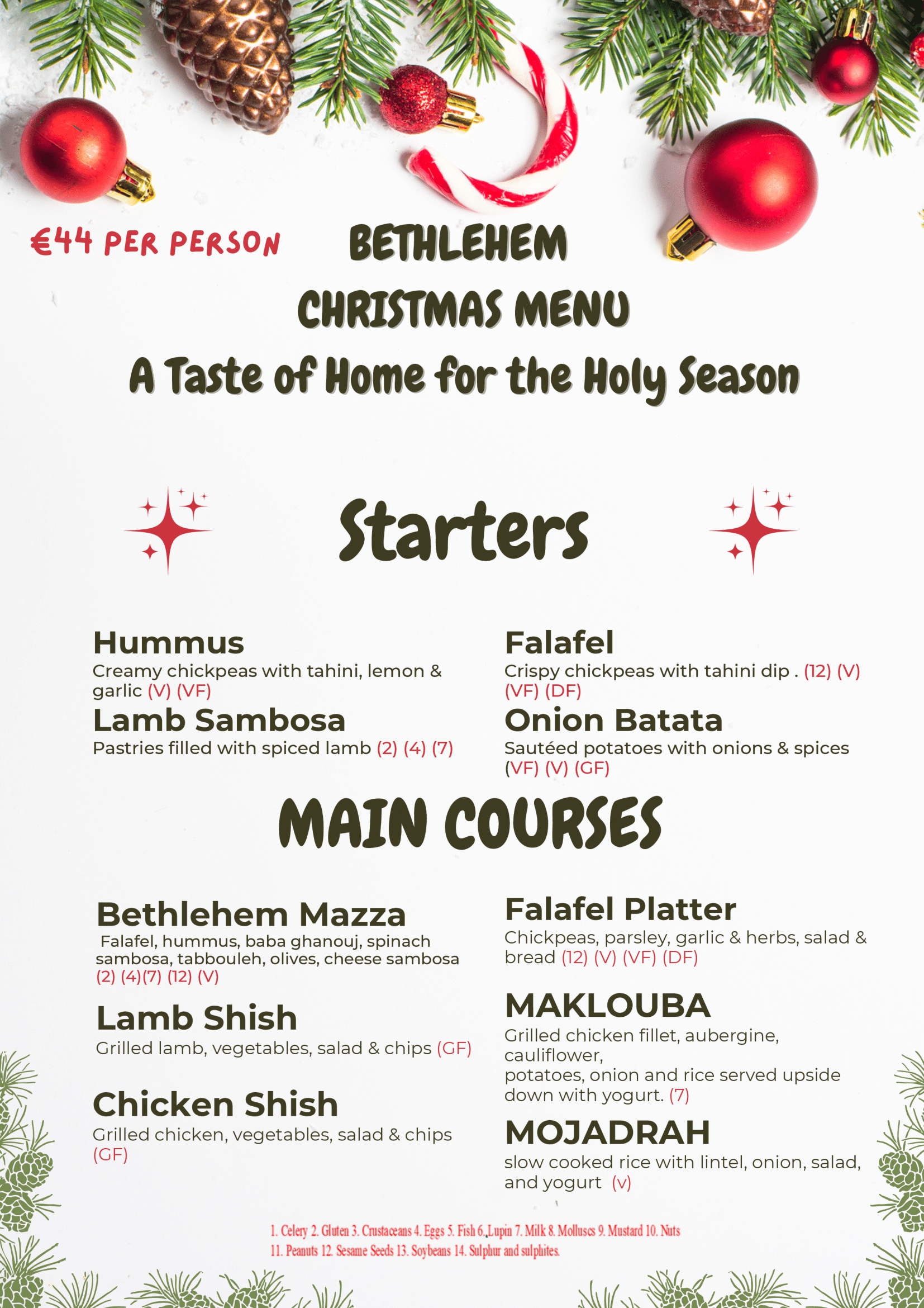 Christmas Menu-1 at Bethlehem restaurant at Dublin Ireland
