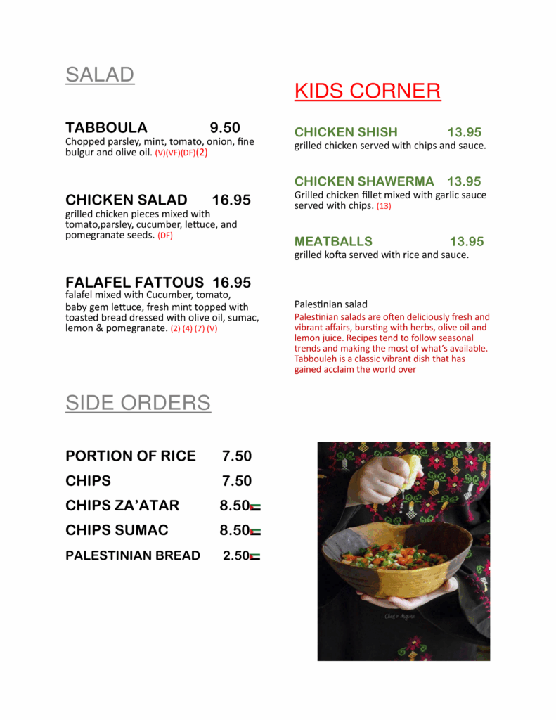 Salad and Side Orders at Bethlehem restaurant at Dublin Ireland